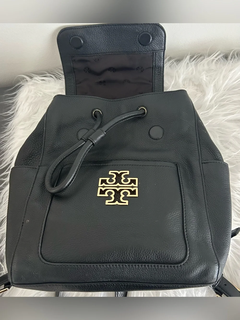 Tory Burch Black Leather Backpack Gold Logo Pebbled Convertible Bag